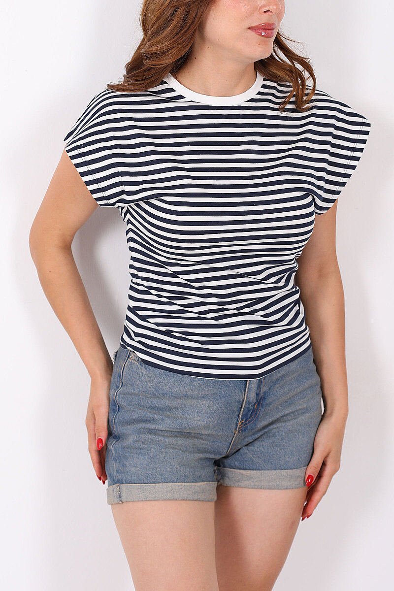 Belden Oturtmalı Kolsuz Lacivert Kadın Çizgili T-Shirt - 2