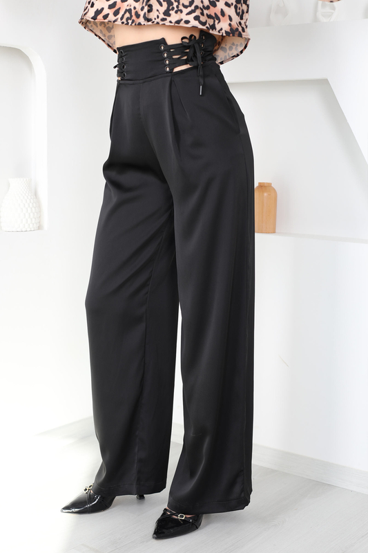 Beli Bağacık Detaylı Siyah Kadın Bol Paça Pantolon - 3