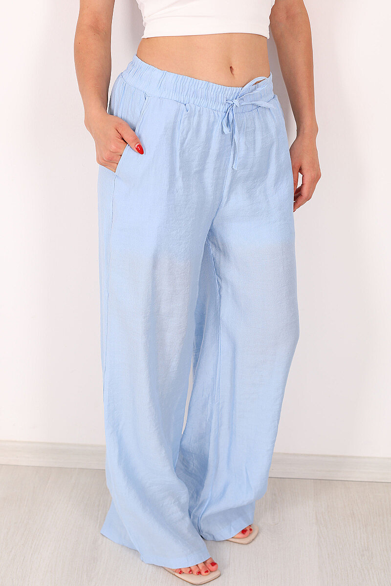 Beli Bağcıklı Bebe Mavi Kadın Salaş Pantolon - 2