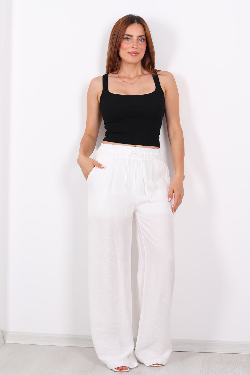 Beli Bağcıklı Beyaz Kadın Salaş Pantolon - 1