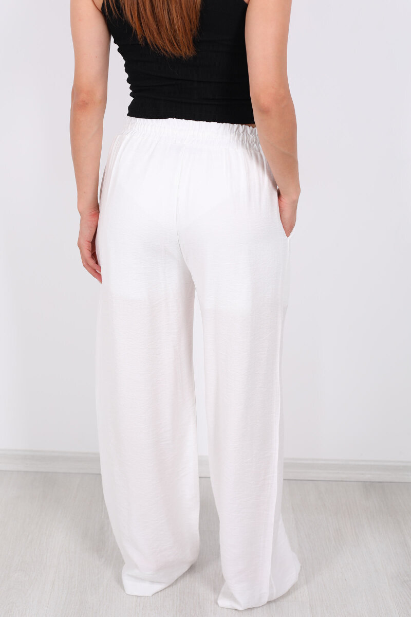 Beli Bağcıklı Beyaz Kadın Salaş Pantolon - 4