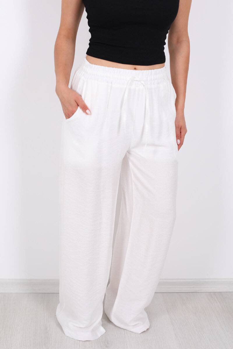 Beli Bağcıklı Beyaz Kadın Salaş Pantolon - 2