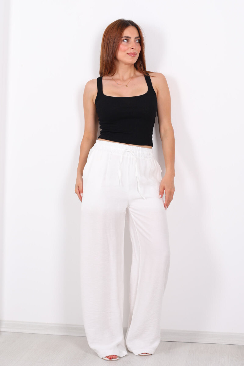 Beli Bağcıklı Beyaz Kadın Salaş Pantolon - 3
