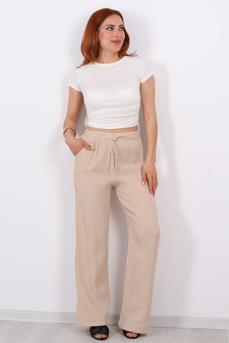 Beli Bağcıklı Bol Paça Bej Kadın Müslin Pantolon - 4