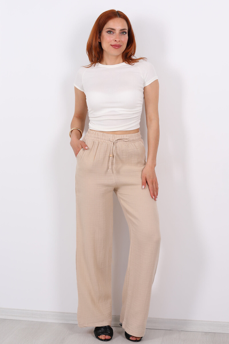 Beli Bağcıklı Bol Paça Bej Kadın Müslin Pantolon - 5