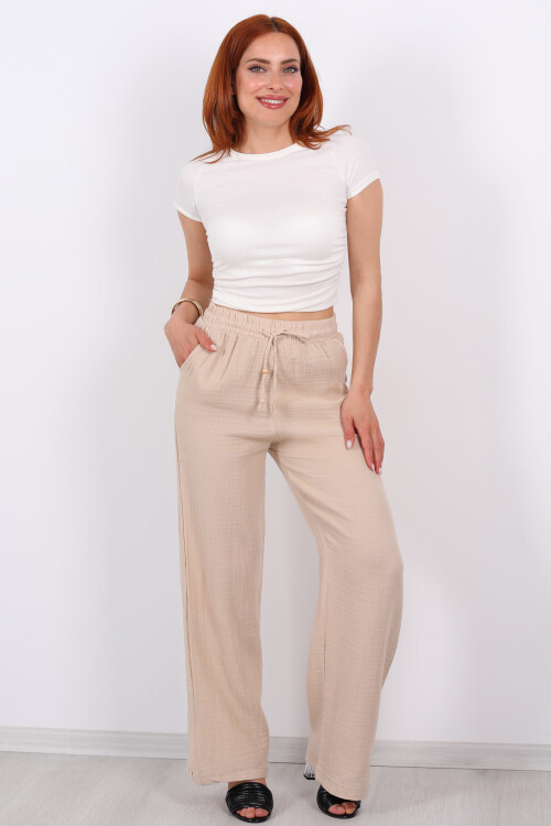 Beli Bağcıklı Bol Paça Bej Kadın Müslin Pantolon - 1