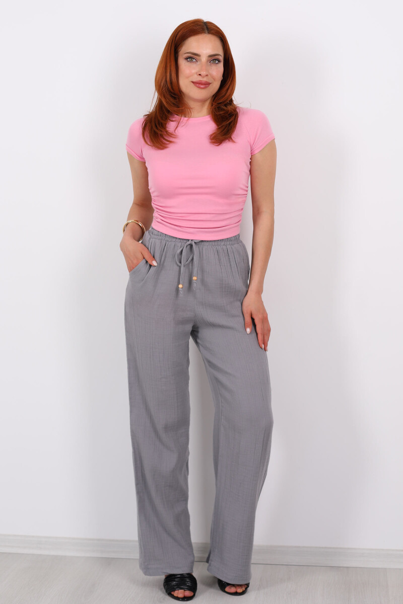 Beli Bağcıklı Bol Paça Gri Kadın Müslin Pantolon - 5