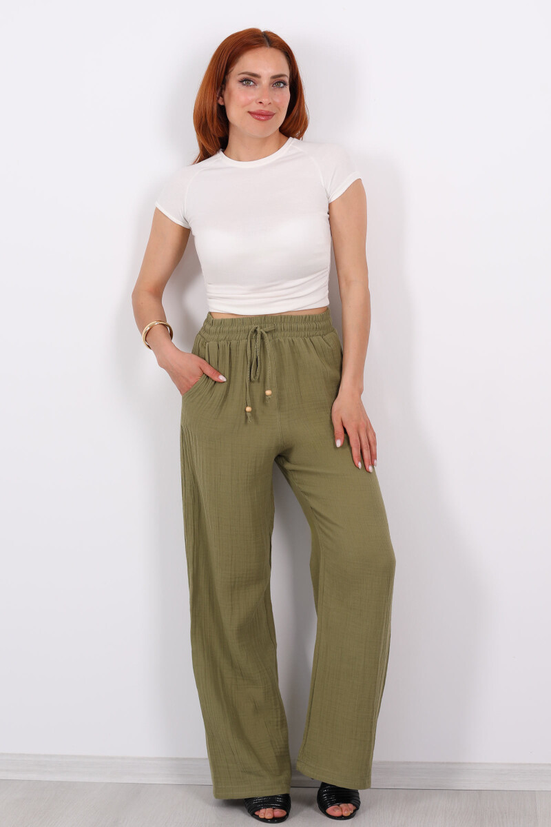 Beli Bağcıklı Bol Paça Haki Kadın Müslin Pantolon - 1