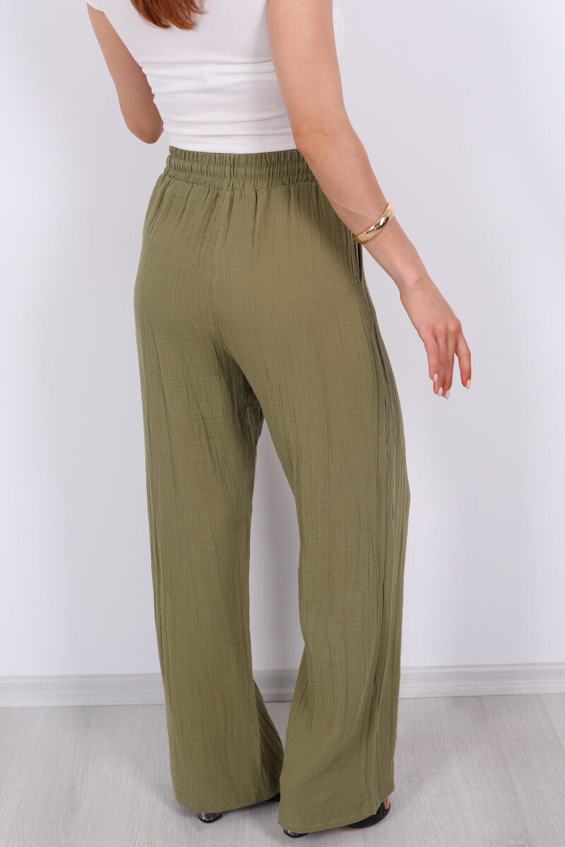 Beli Bağcıklı Bol Paça Haki Kadın Müslin Pantolon - 5
