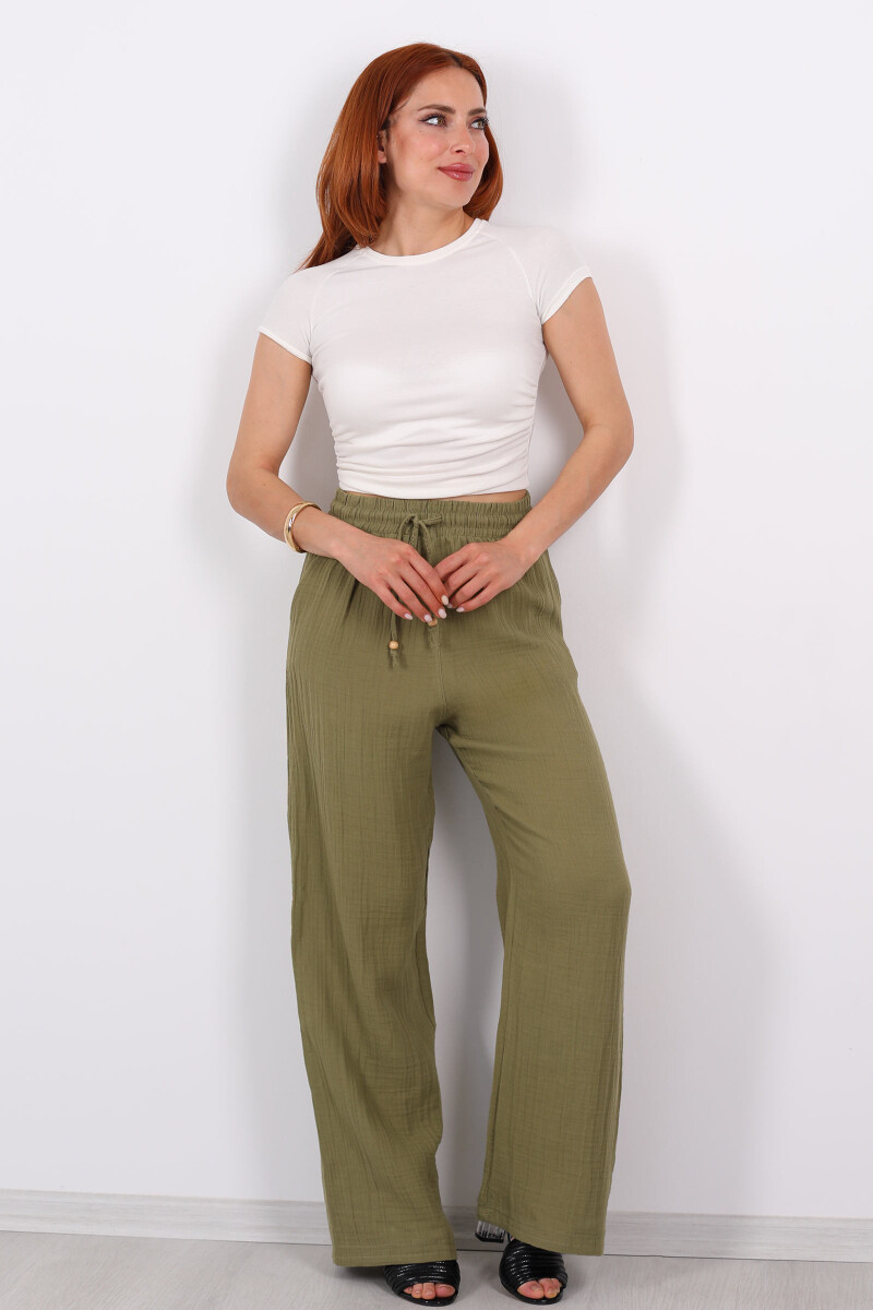 Beli Bağcıklı Bol Paça Haki Kadın Müslin Pantolon - 3