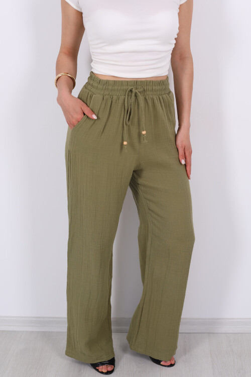 Beli Bağcıklı Bol Paça Haki Kadın Müslin Pantolon - 2
