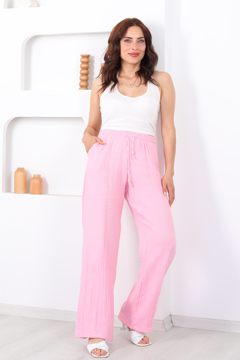 Beli Bağcıklı Bol Paça Pembe Kadın Müslin Pantolon - 5