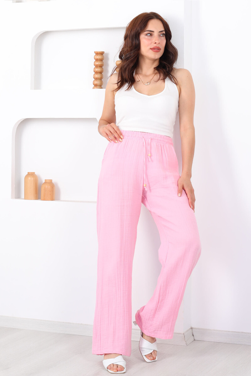 Beli Bağcıklı Bol Paça Pembe Kadın Müslin Pantolon - 3