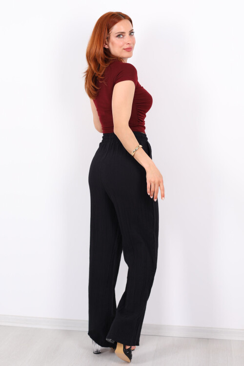 Beli Bağcıklı Bol Paça Siyah Kadın Müslin Pantolon - 5