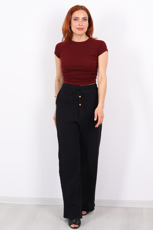 Beli Bağcıklı Bol Paça Siyah Kadın Müslin Pantolon - 3