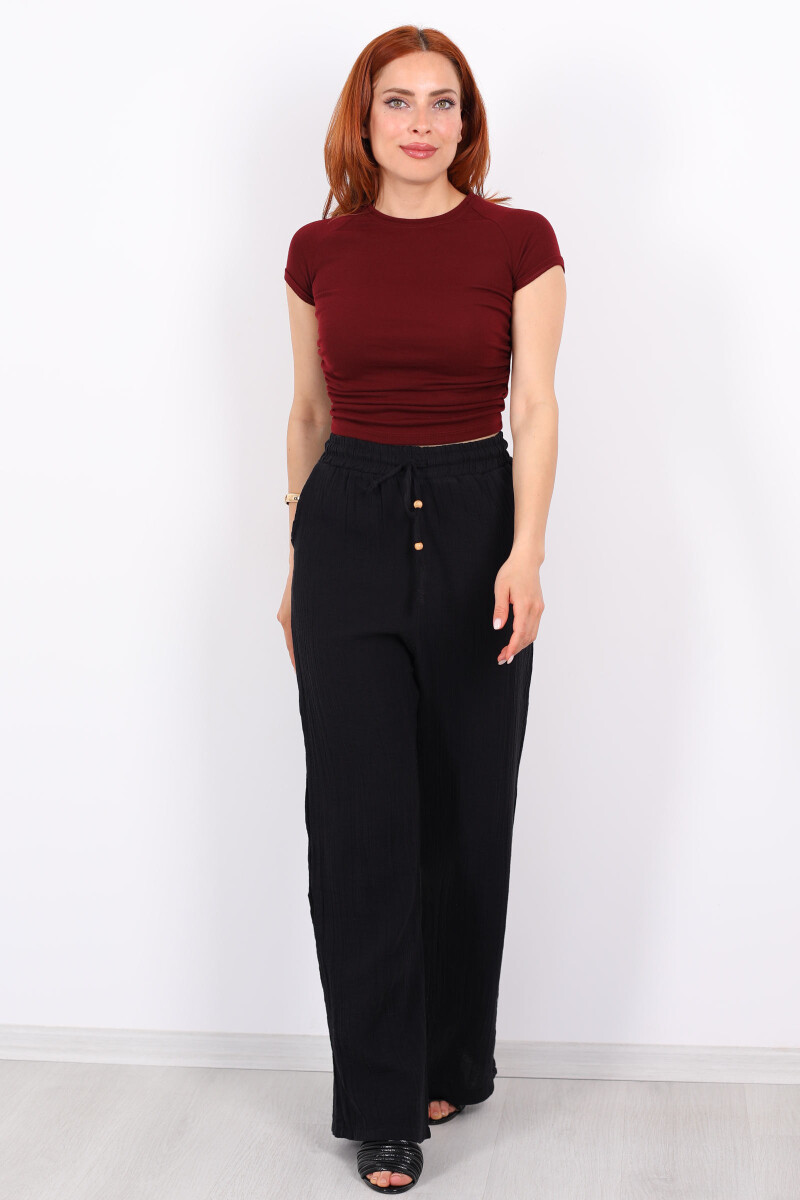 Beli Bağcıklı Bol Paça Siyah Kadın Müslin Pantolon - 3