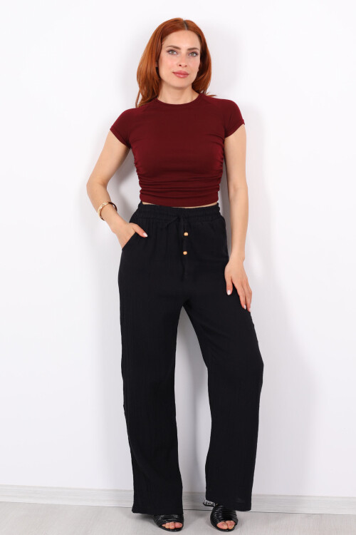 Beli Bağcıklı Bol Paça Siyah Kadın Müslin Pantolon - 4