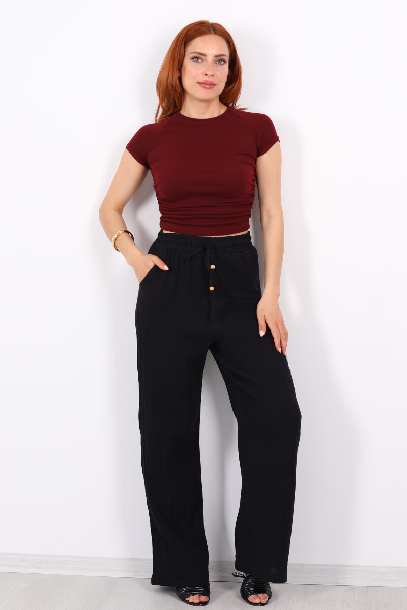 Beli Bağcıklı Bol Paça Siyah Kadın Müslin Pantolon - 4