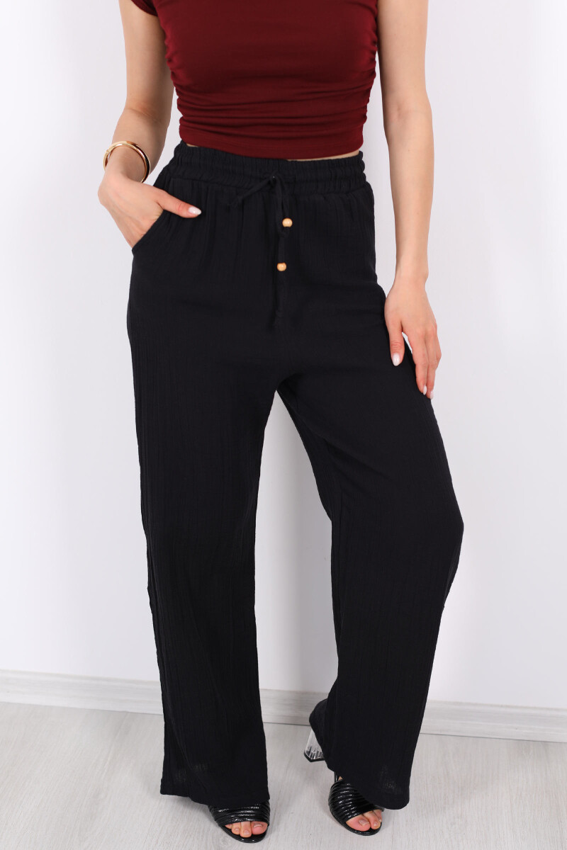 Beli Bağcıklı Bol Paça Siyah Kadın Müslin Pantolon - 2