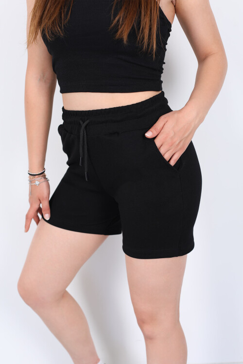 Beli Bağcıklı Cepli Modal Siyah Kadın Şort - 2