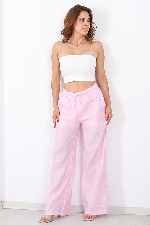 Beli Bağcıklı Pembe Kadın Salaş Pantolon - 3