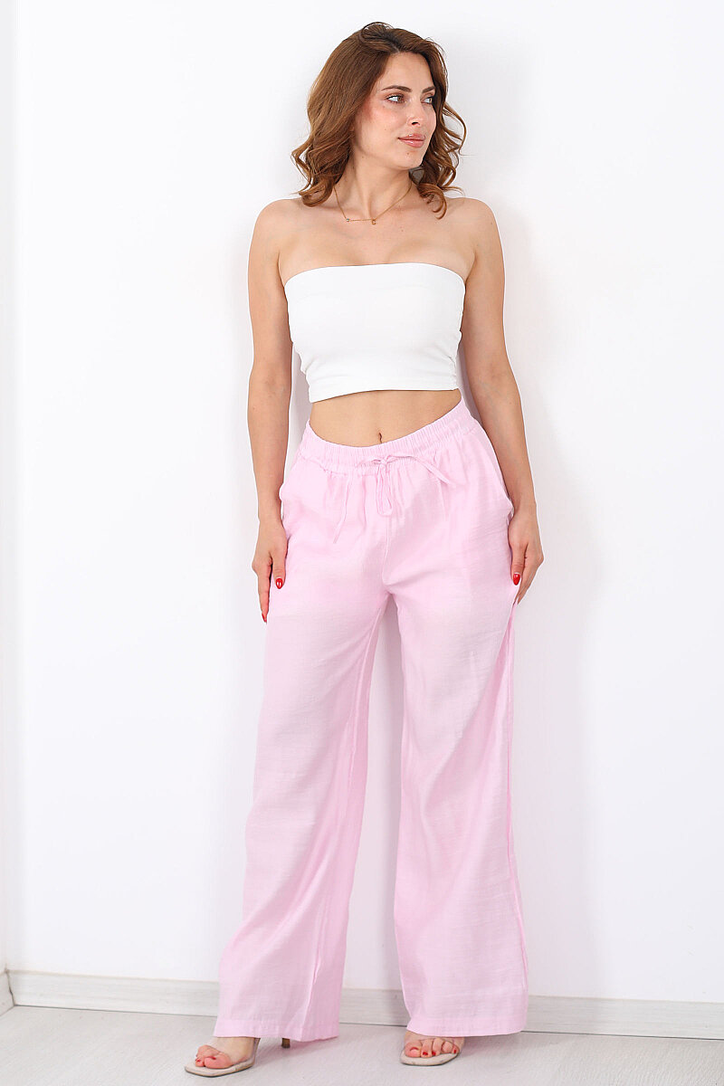 Beli Bağcıklı Pembe Kadın Salaş Pantolon - 3