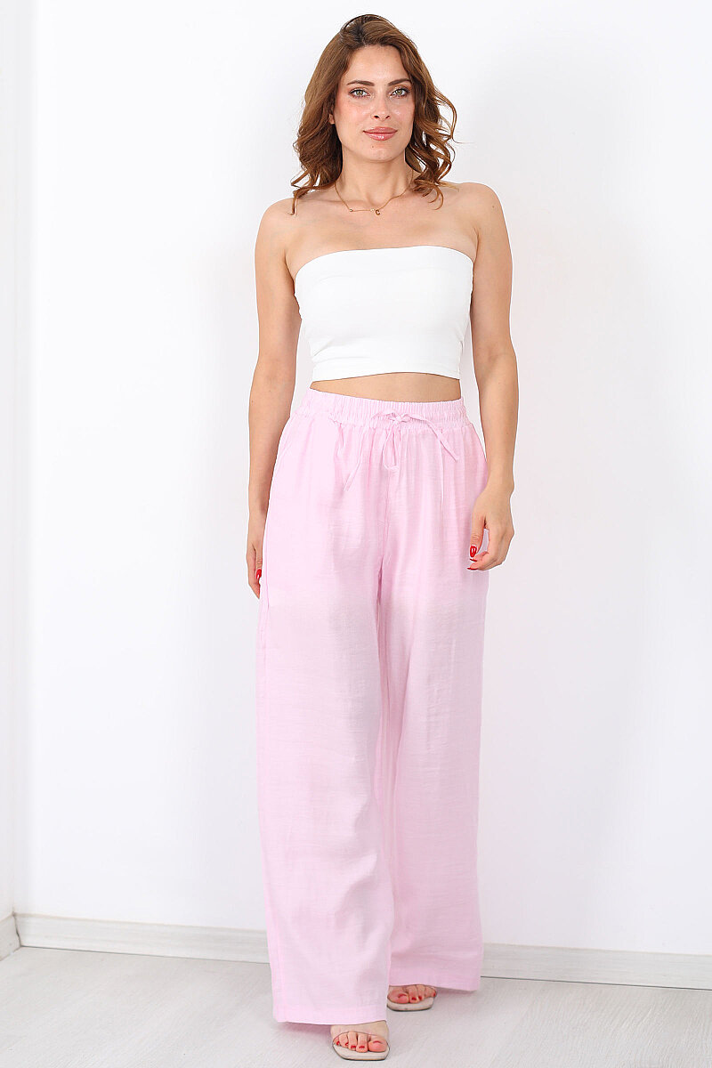 Beli Bağcıklı Pembe Kadın Salaş Pantolon - 5