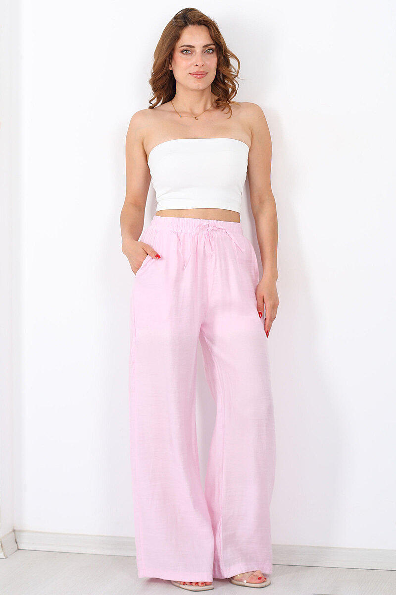 Beli Bağcıklı Pembe Kadın Salaş Pantolon - 1
