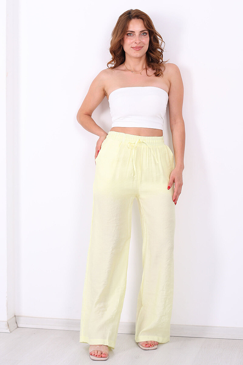 Beli Bağcıklı Sarı Kadın Salaş Pantolon - 4