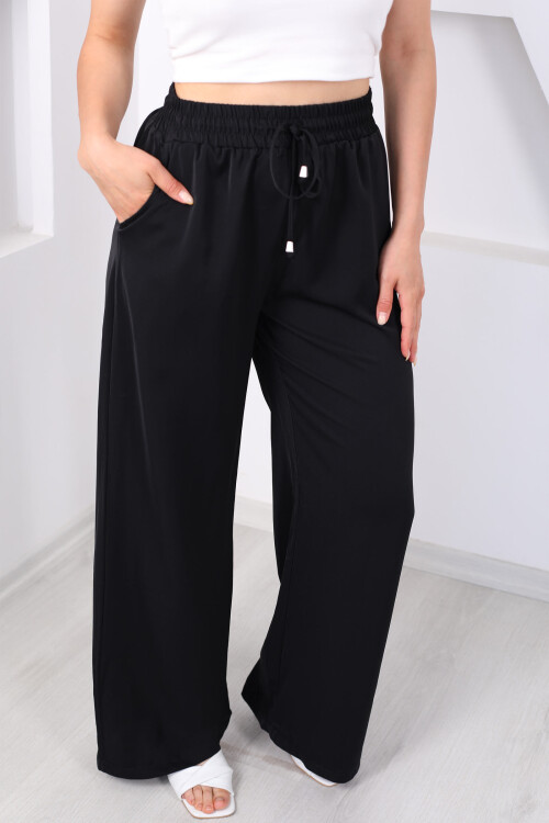 Beli Bağcıkllı Geniş Paça Siyah Kadın Saten Pantolon - 2