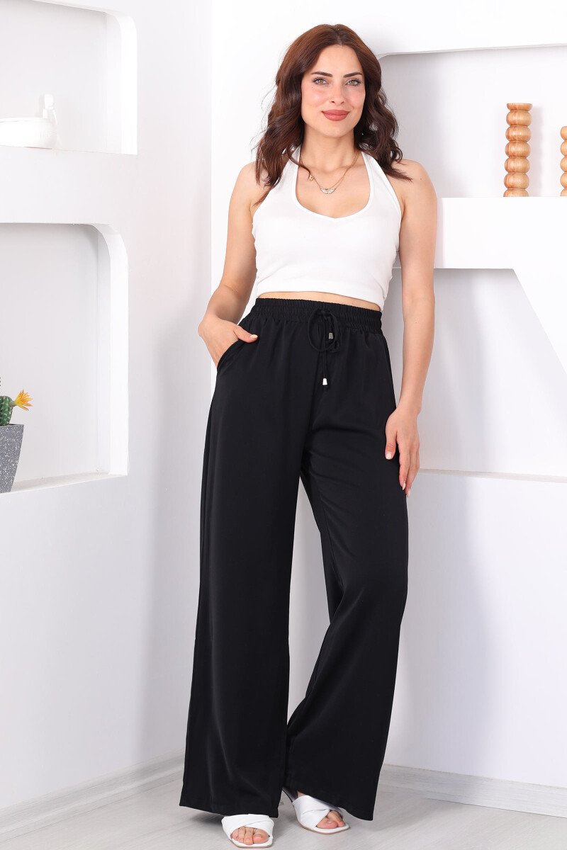 Beli Bağcıkllı Geniş Paça Siyah Kadın Saten Pantolon - 5