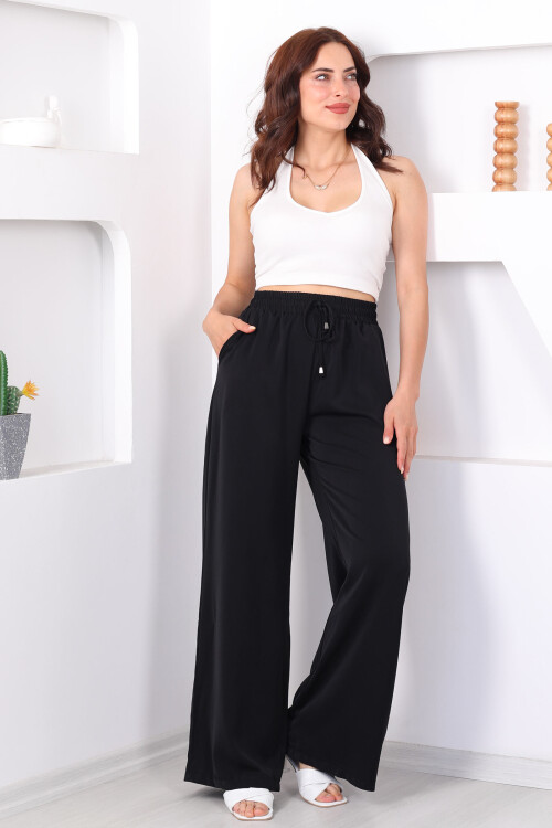 Beli Bağcıkllı Geniş Paça Siyah Kadın Saten Pantolon - 3