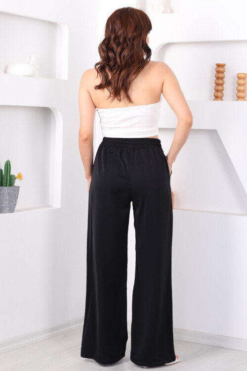 Beli Bağcıkllı Geniş Paça Siyah Kadın Saten Pantolon - 4