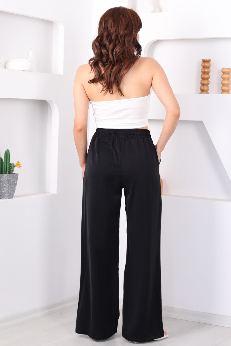 Beli Bağcıkllı Geniş Paça Siyah Kadın Saten Pantolon - 4