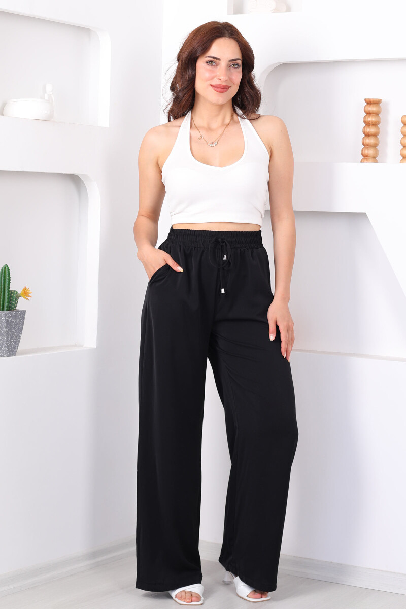 Beli Bağcıkllı Geniş Paça Siyah Kadın Saten Pantolon - 1