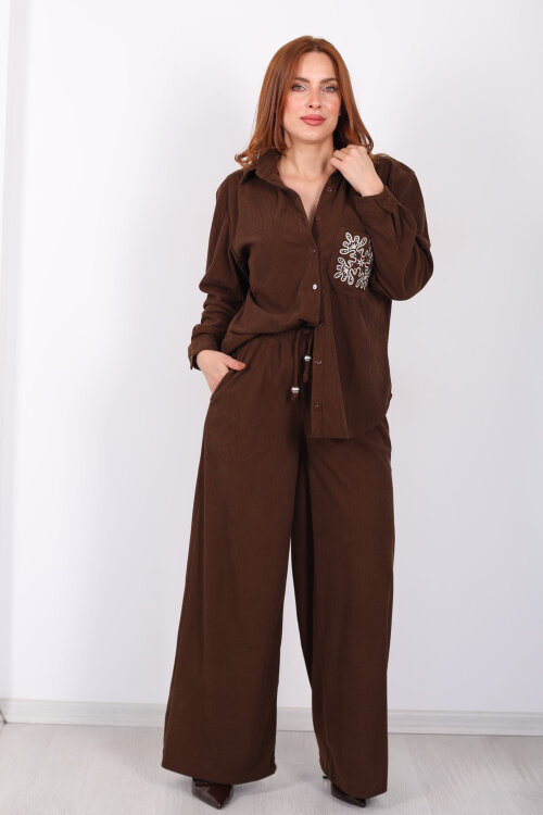 Beli Bağlamalı Bol Paça Acı Kahve Kadın Kadife Pantolon - 5