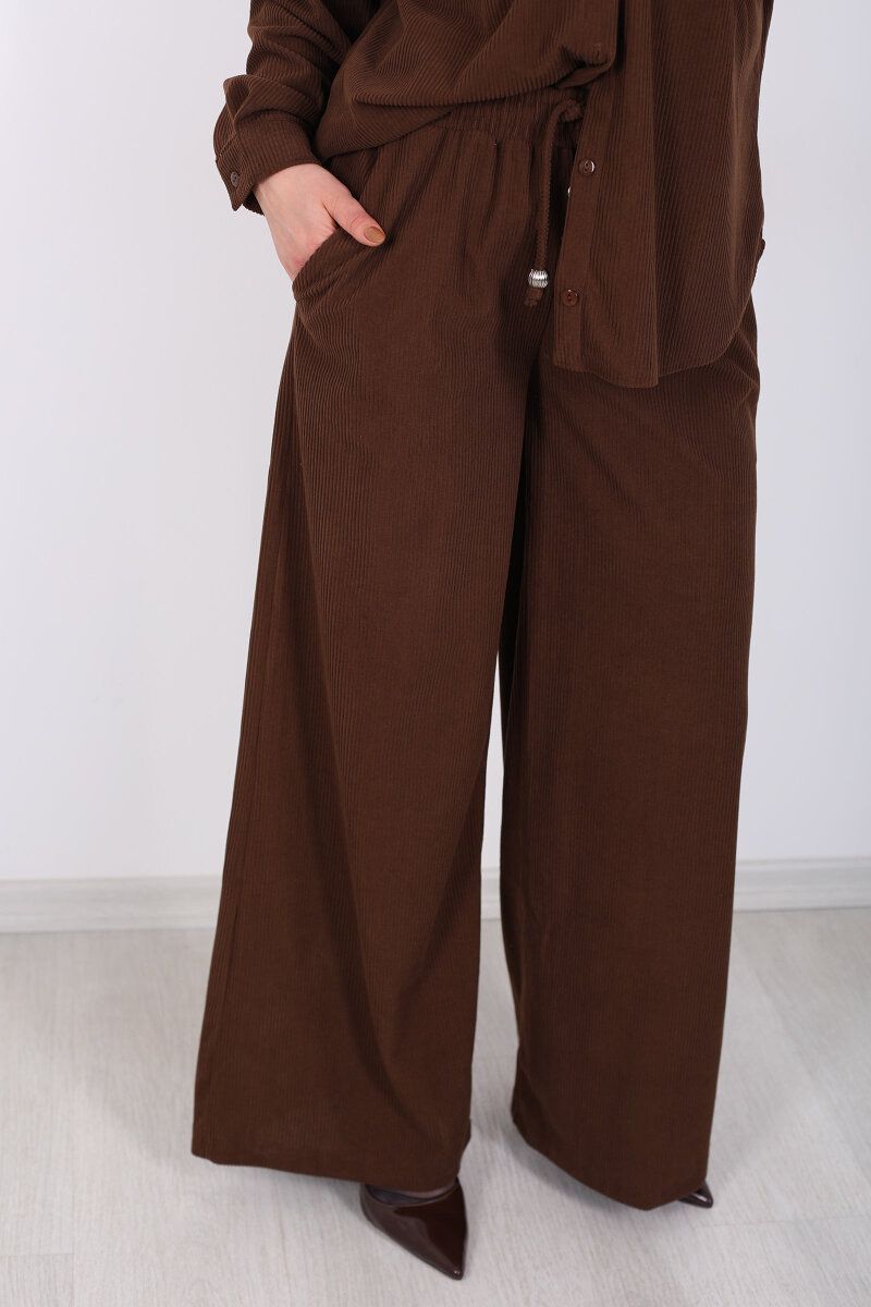 Beli Bağlamalı Bol Paça Acı Kahve Kadın Kadife Pantolon - 2