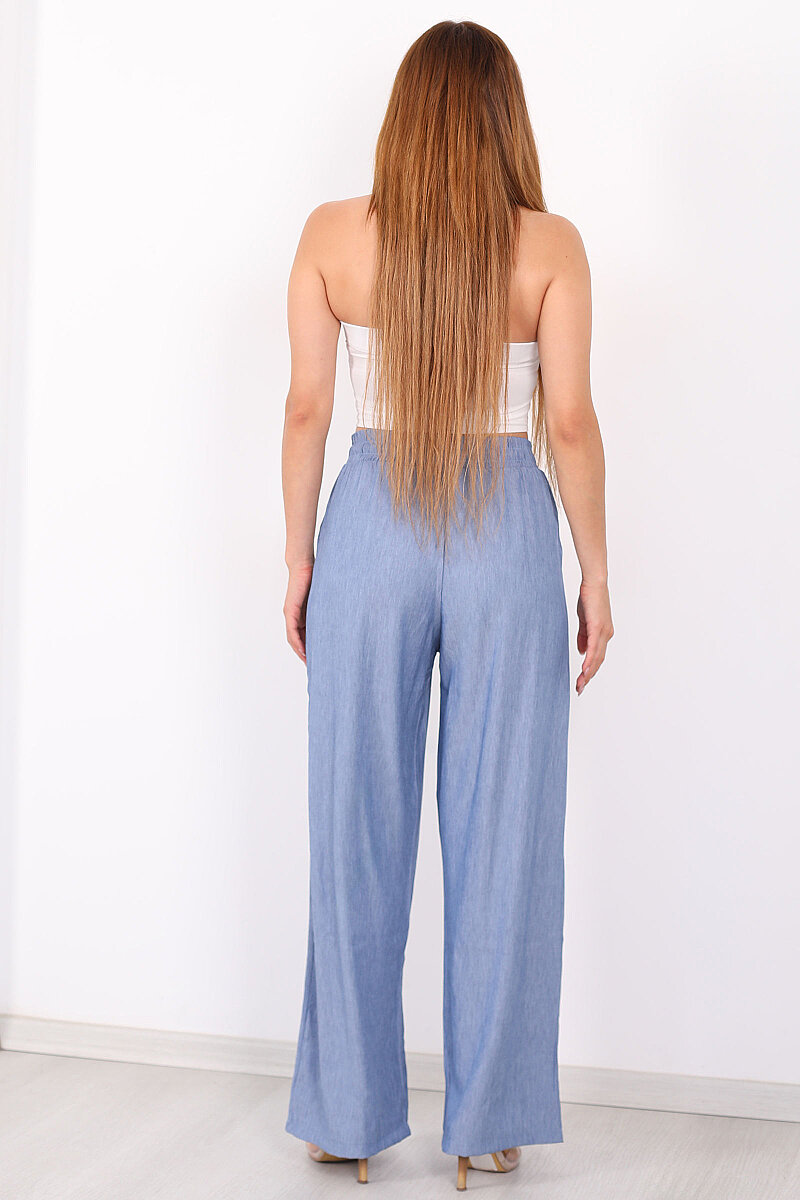Beli Bağlamalı Bol Paça Cepli Mavi Kadın Keten Pantolon - 4