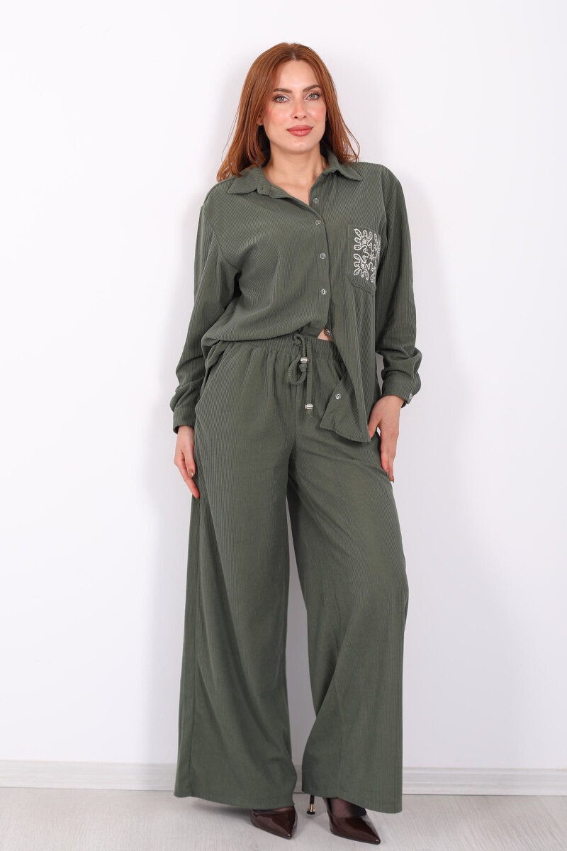 Beli Bağlamalı Bol Paça Haki Kadın Kadife Pantolon - 1