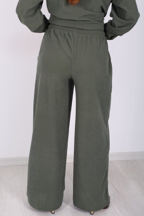 Beli Bağlamalı Bol Paça Haki Kadın Kadife Pantolon - 5