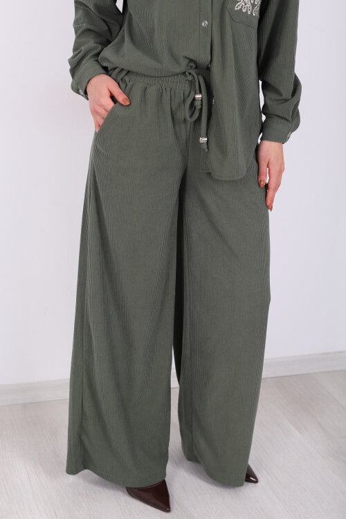 Beli Bağlamalı Bol Paça Haki Kadın Kadife Pantolon - Berox (1)