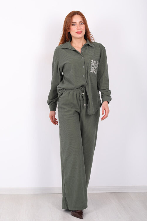 Beli Bağlamalı Bol Paça Haki Kadın Kadife Pantolon - 4