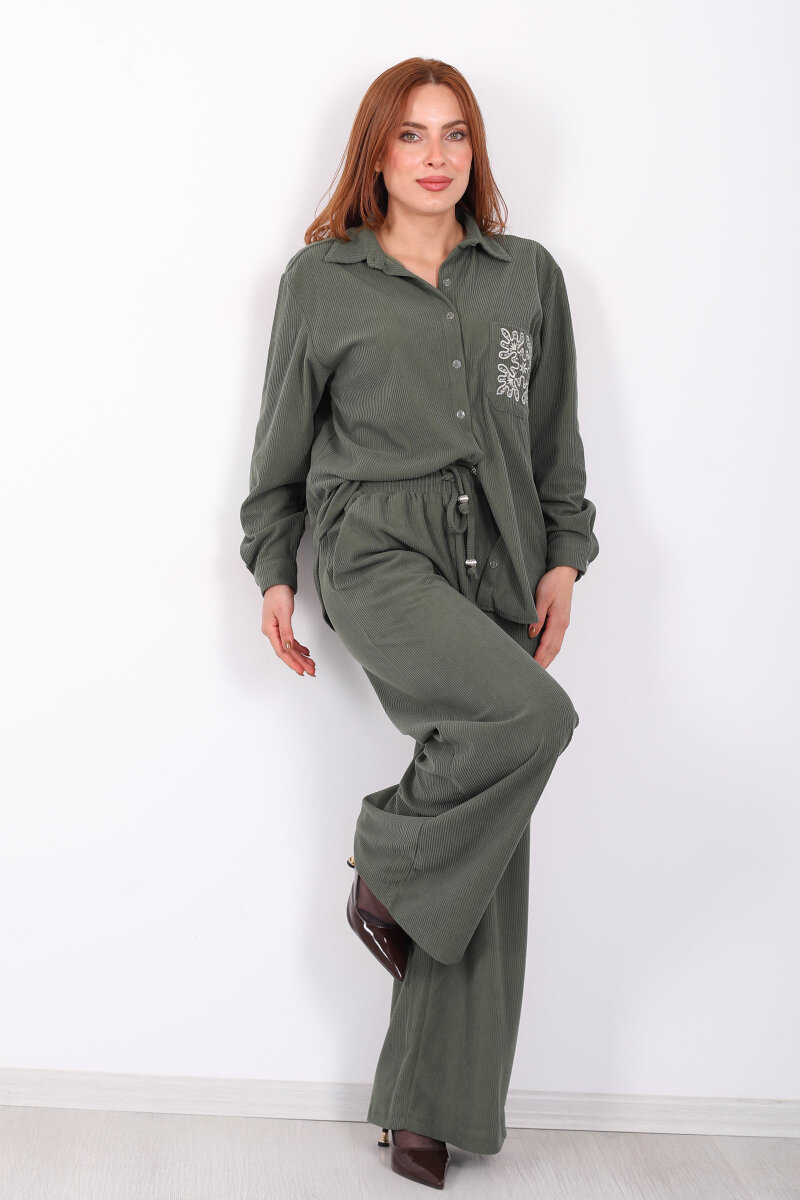 Beli Bağlamalı Bol Paça Haki Kadın Kadife Pantolon - 3