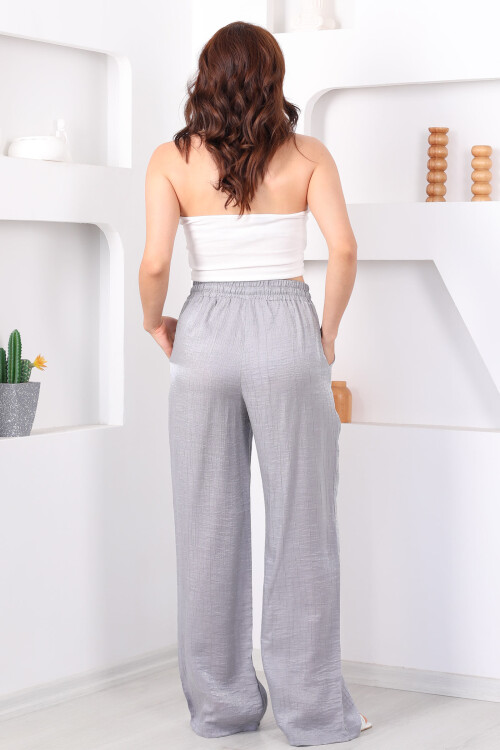 Beli Bağlamalı Bol Paça Işıltılı Bürümcük Saten Antrasit Kadın Pantolon - 4