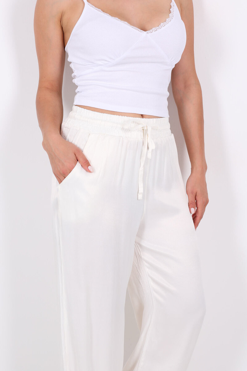 Beli Bağlamalı Bol Paça Işıltılı Bürümcük Saten Ekru Kadın Pantolon - 2