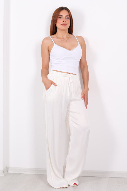 Beli Bağlamalı Bol Paça Işıltılı Bürümcük Saten Ekru Kadın Pantolon - 4