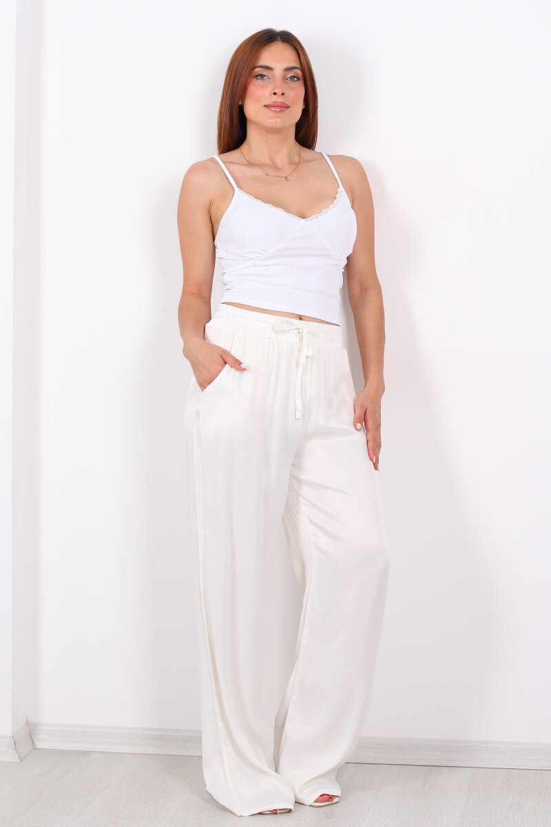 Beli Bağlamalı Bol Paça Işıltılı Bürümcük Saten Ekru Kadın Pantolon - 4