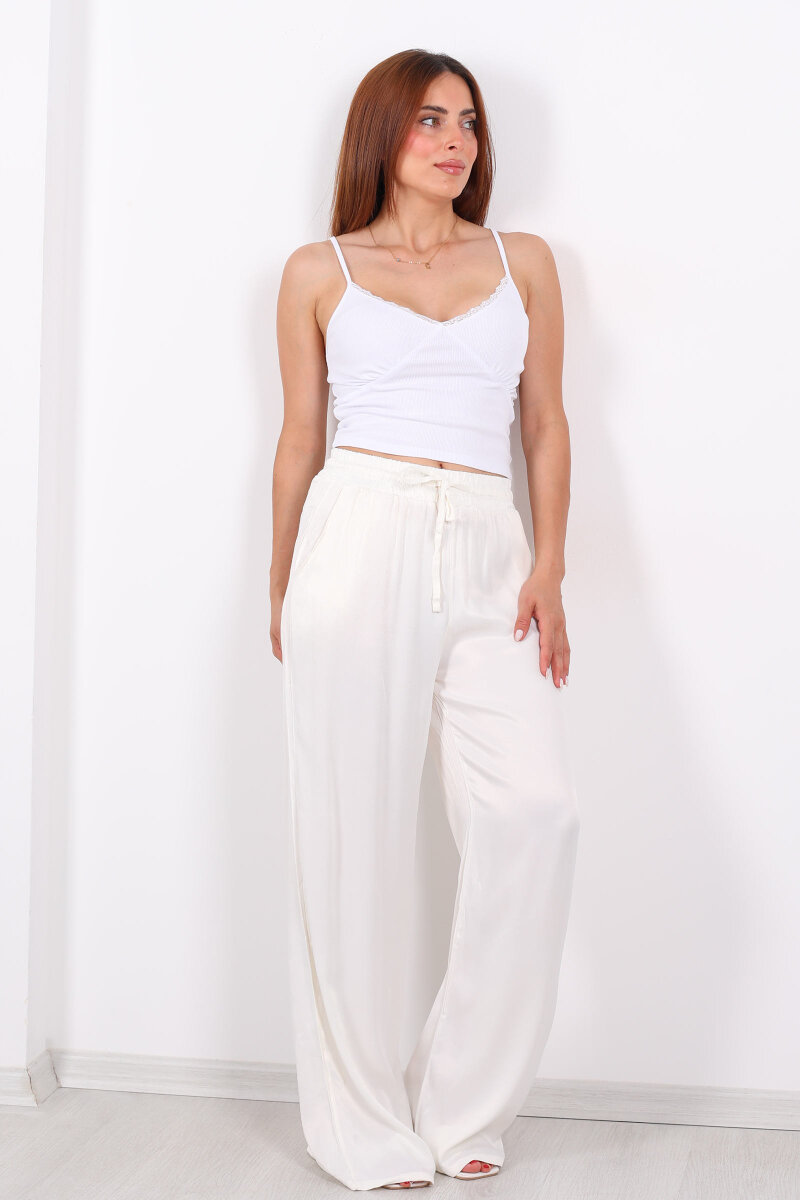 Beli Bağlamalı Bol Paça Işıltılı Bürümcük Saten Ekru Kadın Pantolon - 1