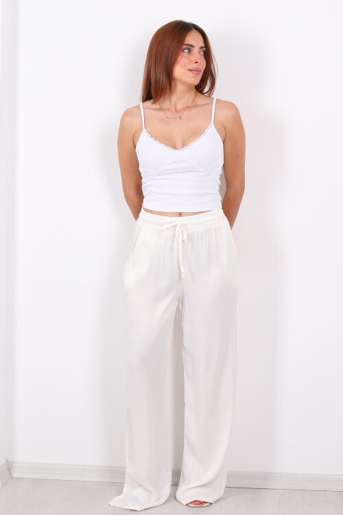 Beli Bağlamalı Bol Paça Işıltılı Bürümcük Saten Ekru Kadın Pantolon - 3