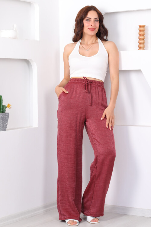 Beli Bağlamalı Bol Paça Işıltılı Bürümcük Saten Gül Kurusu Kadın Pantolon - 4